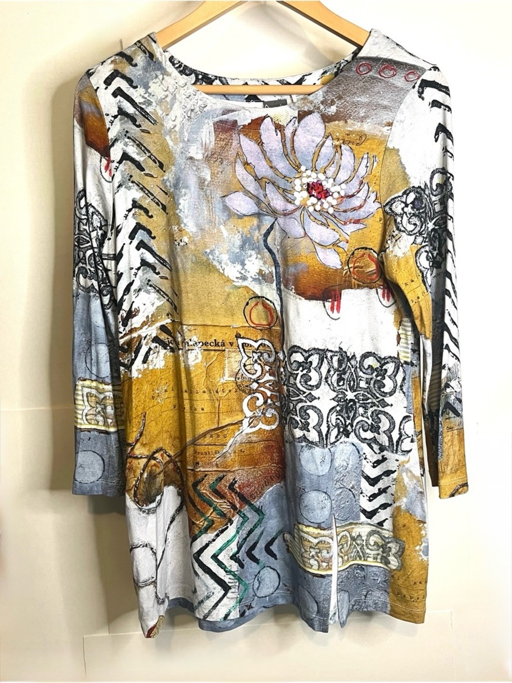 Abstract Floral Long-Sleeve Tunic in Mustard and White by